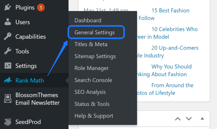 Selecting General Settings option of RankMath WordPress plugin