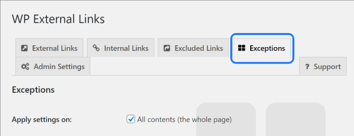 Selecting the Exceptions option in WP External Links’ setting