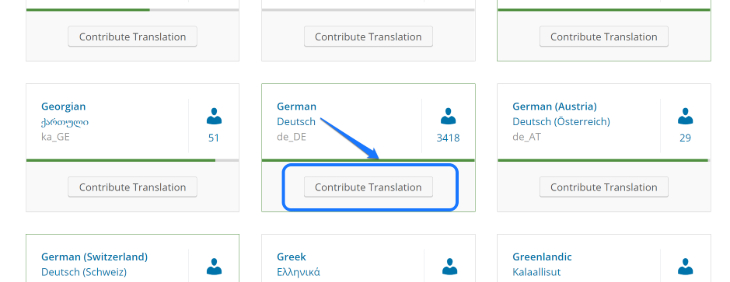 Selecting the German language for contributing translation in WordPress.org