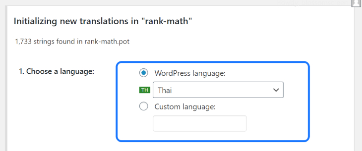 Selecting the Thai language for translation of RankMath WordPress plugin