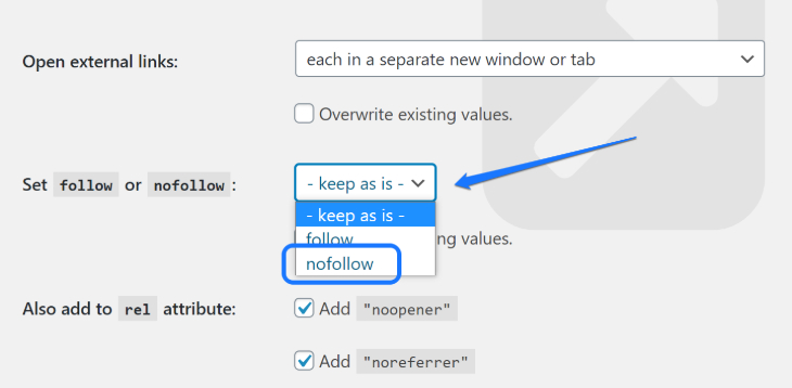 Setting nofollow option in the drop-down menu of WordPress