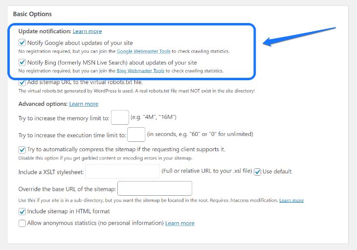 Settings in WordPress to notify Google and Bing about sitemaps