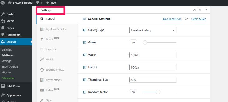 Setting Section in Modula plugin