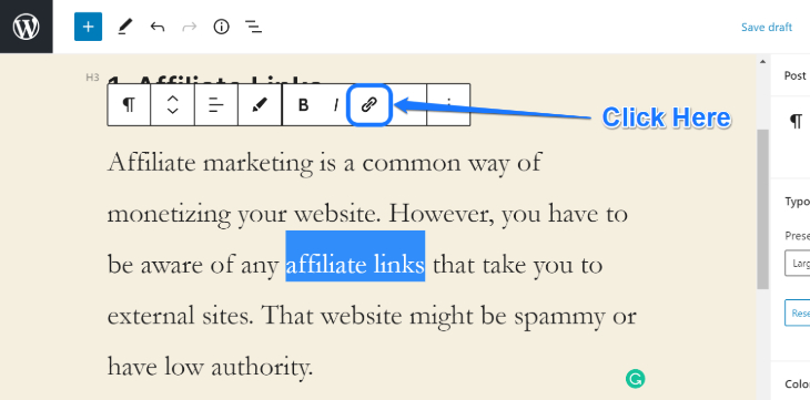 Showing the Add Link button to insert URL of external website