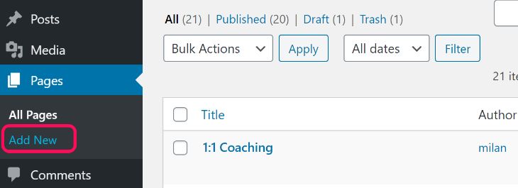 Showing the Add New button inside the Pages option in WordPress