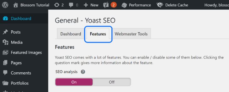 Showing the Features option in the General settings of Yoast SEO