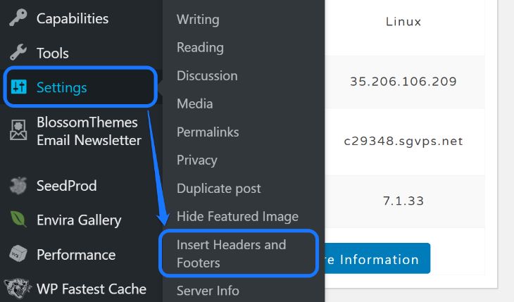 Showing the Insert Headers and Footers option inside Settings button