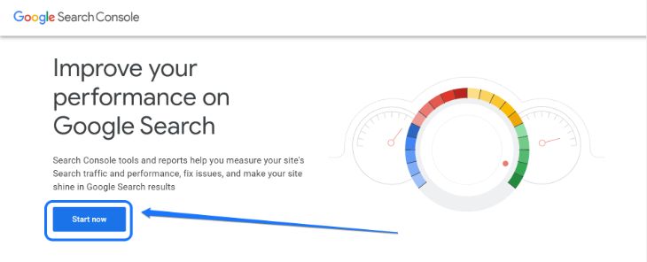 Showing the Start Now button of Google Search Console’s homepage