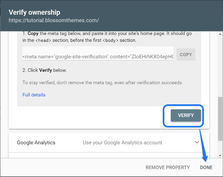 Showing the Verify button in Google Search Console’s verification window