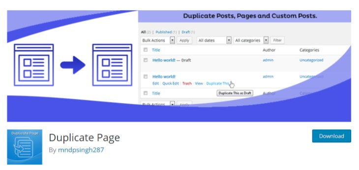 Showing the webpage of Duplicate Page plugin in WordPress.org