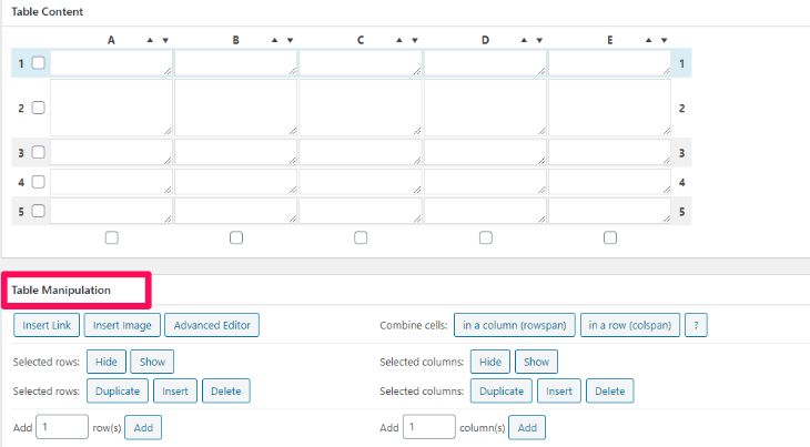 Table editing in Tablepress plugin