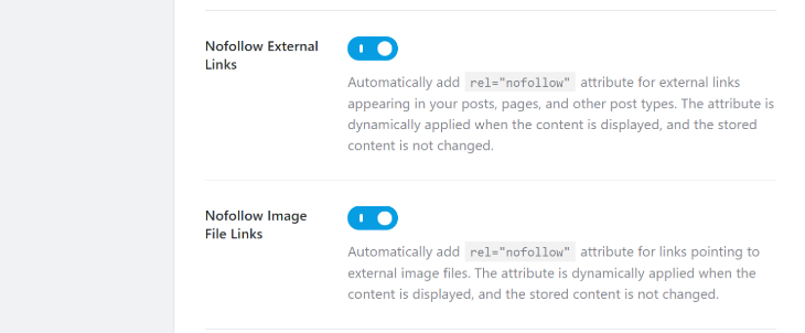 The Nofollow setting options of RankMath WordPress plugin