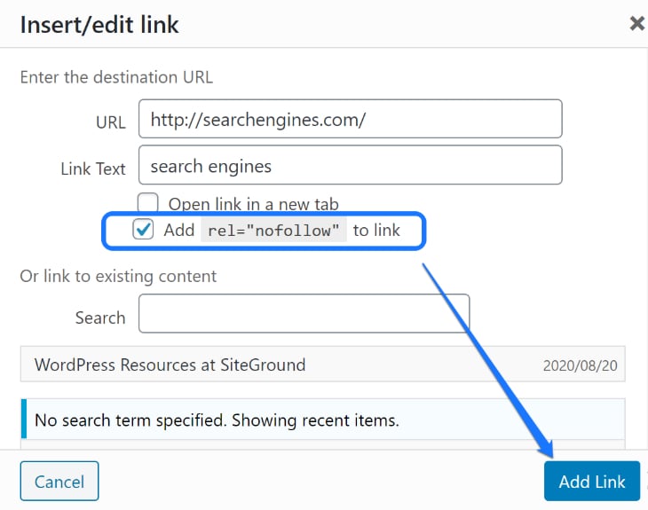 The option to add nofollow tag to external link in WordPress