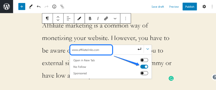 Turning Nofollow on using hyperlink settings in WordPress