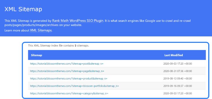 XML Sitemap page generated by the RankMath WordPress plugin