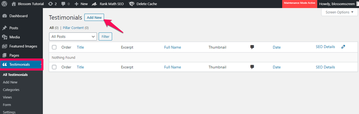 Add new testimonial in WordPress
