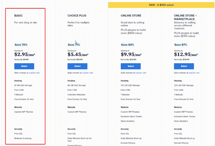 Bluehost Basic Pricing Plan