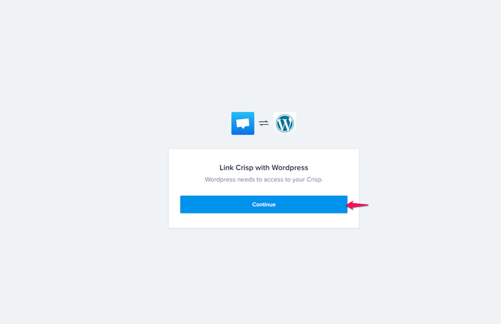 Clicking continue to link Crisp with WordPress