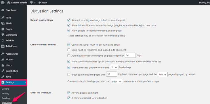 Discussion panel in WordPress