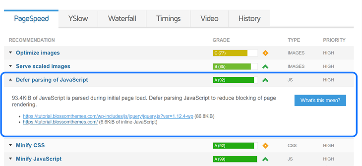 Displaying the JavaScript to defer parsing on the website by the GTMetrix tool