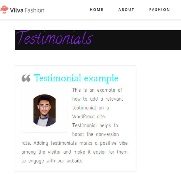 Example of testimonial on a website