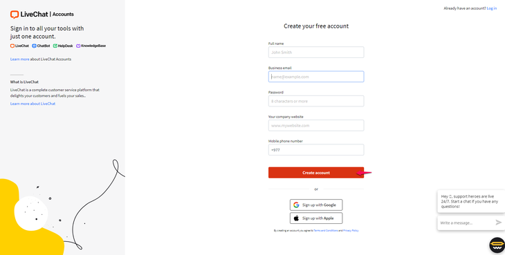 Filling details and clicking on create account in Livechat