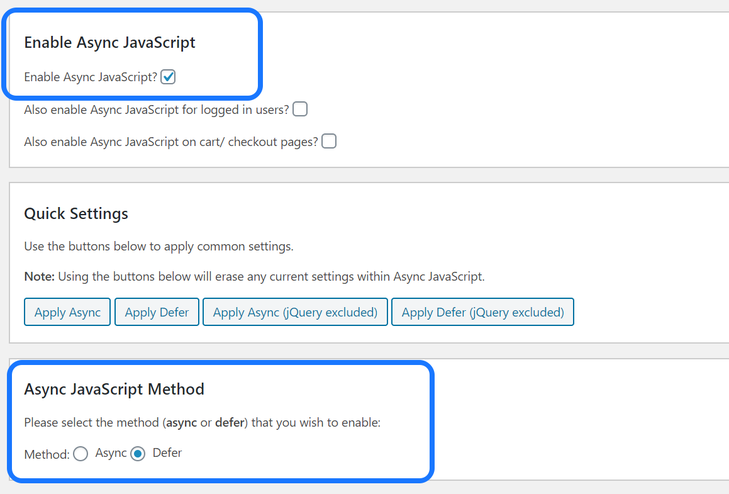 Highlighting at two sections in the Settings page of the Async JavaScript plugin