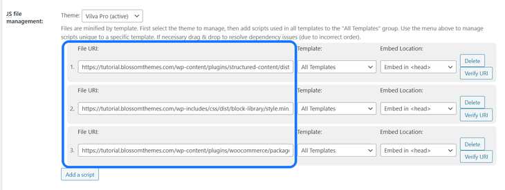 Inserting the URIs of JavaScript files that the W3 Total Cache plugin will parse