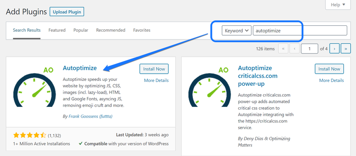 Installing and activating the Autoptimize WordPress plugin