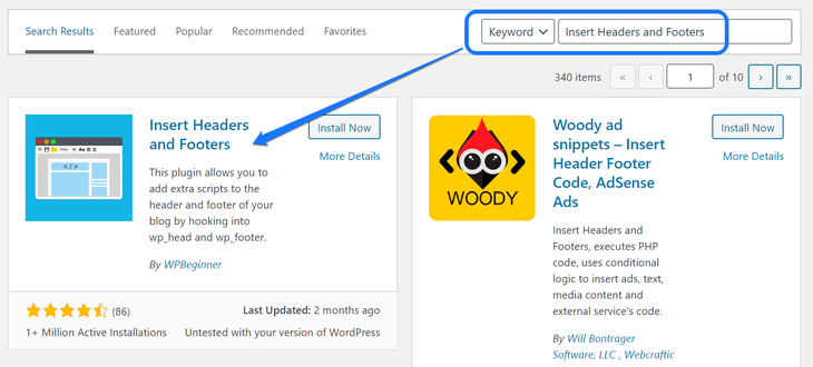 Installing and activating the Insert Headers and Footers WordPress plugins