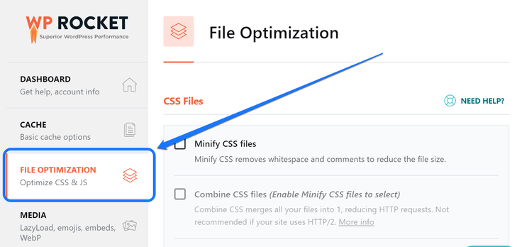 Pointing at the File Optimization tag in the WP Rocket WordPress plugin’s dashboard