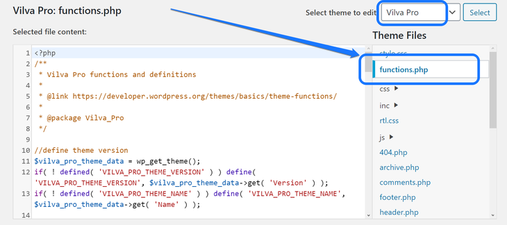 Pointing at the functions.php option in the Theme Editor page of WordPress