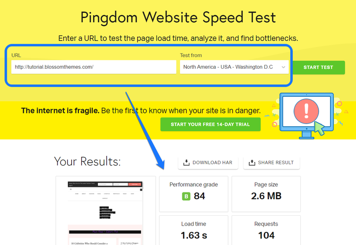 Pointing at the Performance Grade of a website generated by Pingdom Website Speed Test tool