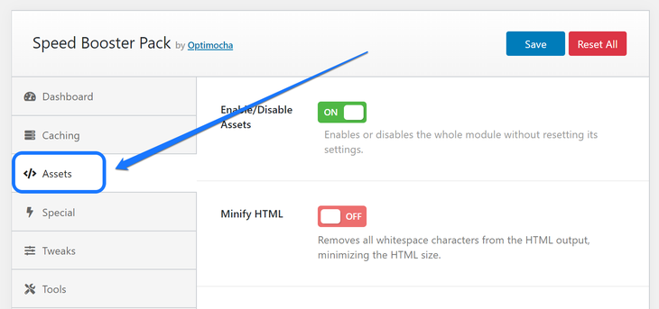 Selecting the Assets option in the Settings page of Autoptimize WordPress plugin