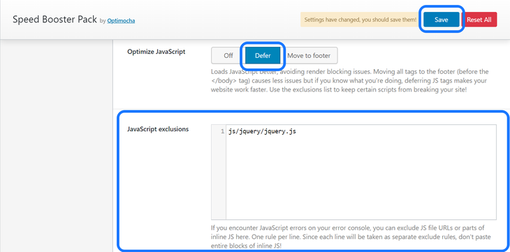 Selecting the Defer option and inserting the JS script to exclude in the Settings page of Autoptimize WordPress plugin