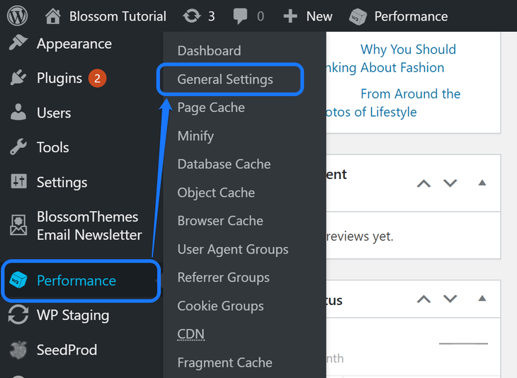 Selecting the General Settings option inside the Performance option in WordPress sidebar