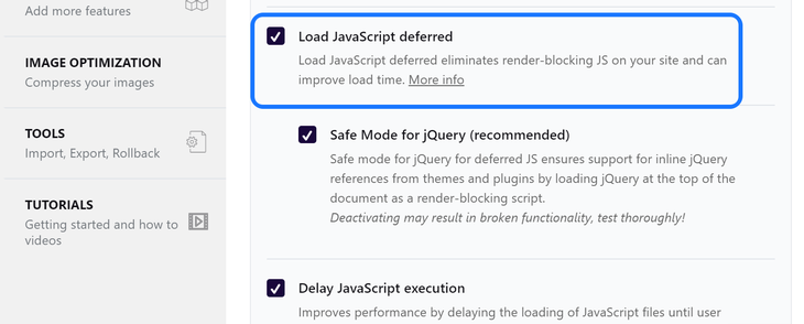 Selecting the Load JavaScript deferred option inside the File Optimization page of WP Rocket plugin