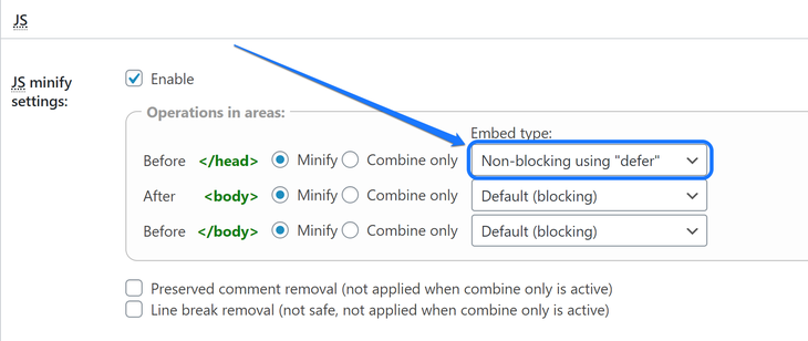 Selecting the Non-blocking using “defer” option of the Before _head_ tag of JS section