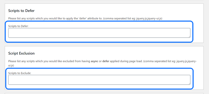 Text boxes to insert JavaScripts to defer and exclude at Async JavaScript’s Settings page