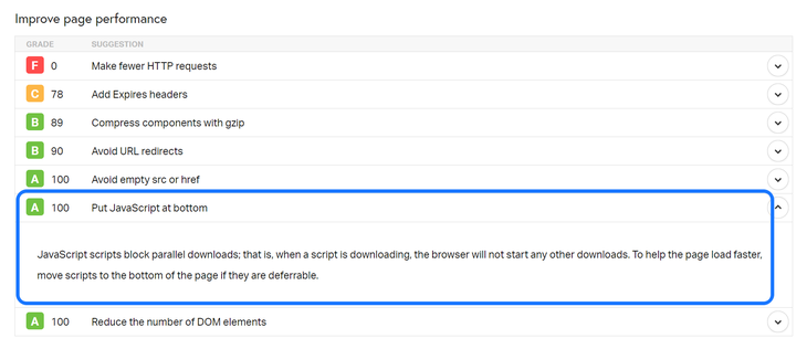 Warning generated by Pingdom PageSpeed Insight tool to place JavaScripts at the bottom of HTML